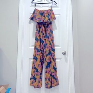 Aakaa wide leg floral jumpsuit tie waist strapless bubble top romper FALL